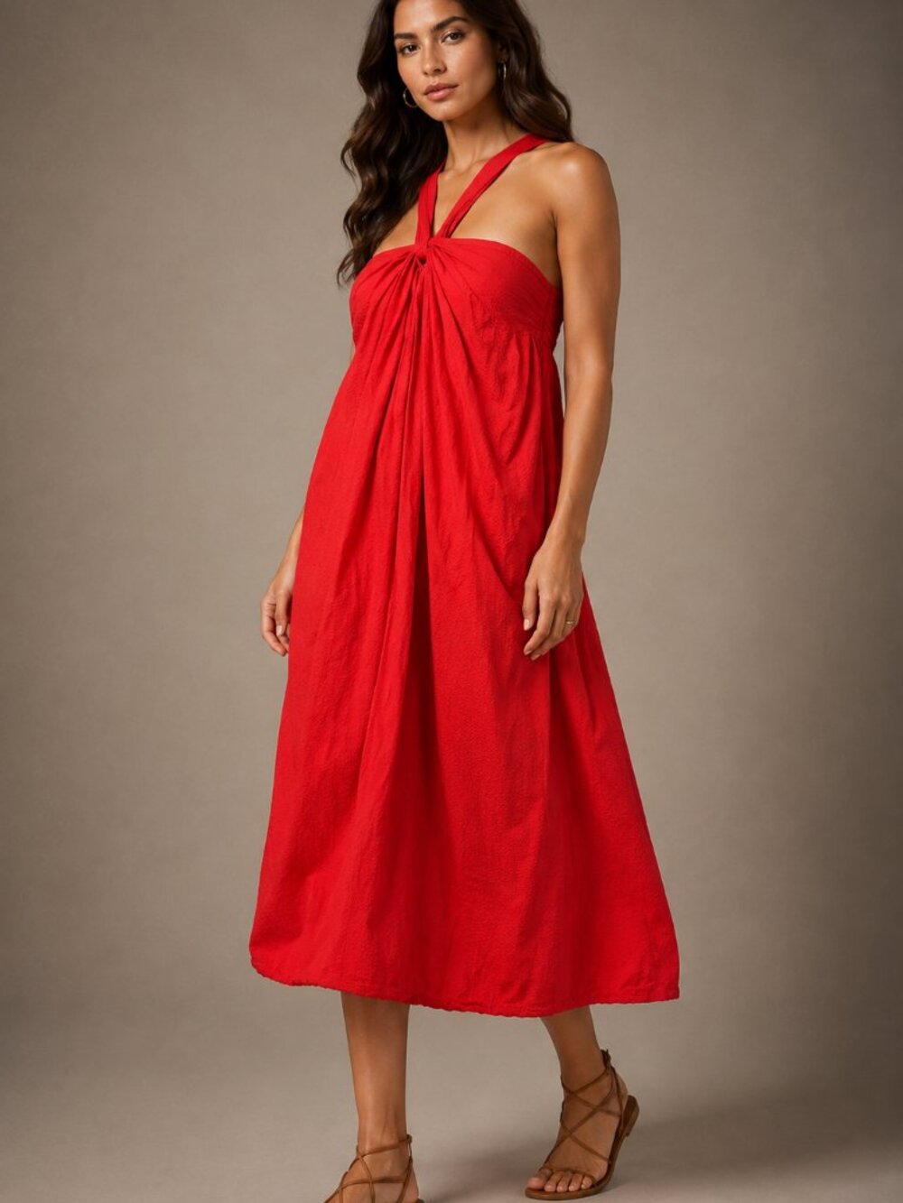 Faherty XS Red Organic Cotton Modal Halter Midi Dress Twist Front Cross Back